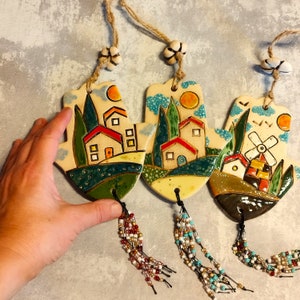 Hamsa Gift, Unique hanging wall decor, Hand made ceramic Hamsa with Israeli view, Israeli Hamsa Wall Hanging Decor, Enter Way Wall Decor
