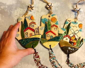 Handmade Ceramic Hamsa Wall Hanging, Israeli Landscape Art Decor