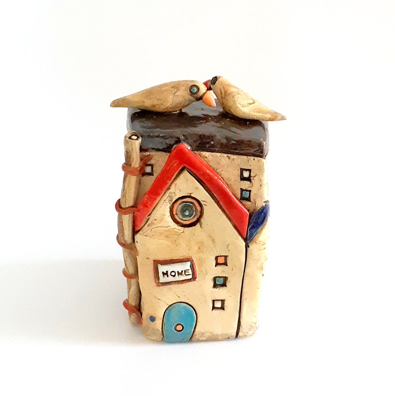 Fine art ceramics Naive art sculpture, Wedding gift, 50th Anniversary gift, Gift for mom, Ceramic house with love birds, Storytelling art image 1