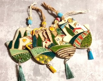 One Of A Kind Hamsa, Unique hanging wall decor, Hand made ceramic Hamsa with Israeli view in vivid colors, Israeli Hamsa Wall Decor, Charm