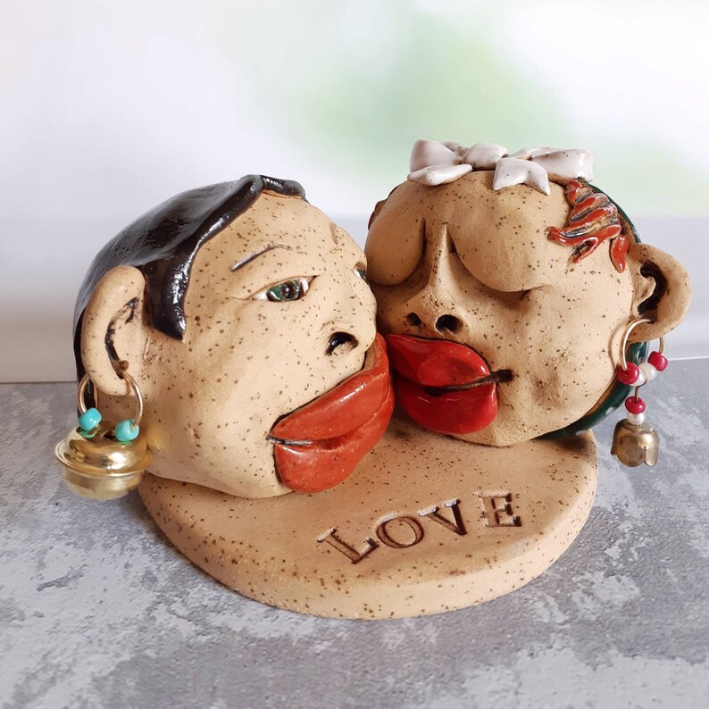 Ceramic sculpture of two lovers kissing hand made with yellow Etsy
