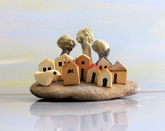 Ceramic Miniature Village, Ceramic Houses Sculpture, Rustic Home Decor, Ceramics and Pottery, Handmade Ceramics, Office Decor, Whimsical Art