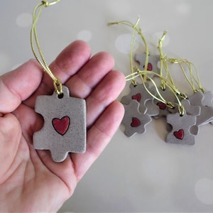 Set of 5 Christmas ornaments shaped as puzzle pieces, Small gray and red tree ornaments and wall decor