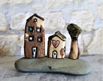 Ceramic houses on a gray beach stone, Cool miniature houses home decor, Office decor, Gift for him