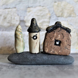 Ceramic gift of a miniature home decor, Ceramic house and tower on a natural stone, Birthday gift for dad, Teacher's gift, Office decor image 8