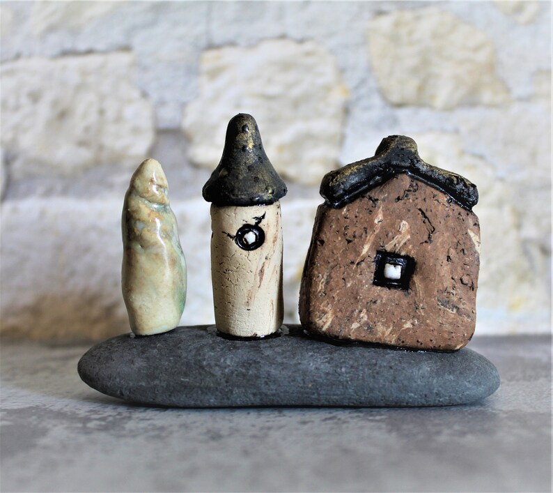 Ceramic gift of a miniature home decor, Ceramic house and tower on a natural stone, Birthday gift for dad, Teacher's gift, Office decor image 8