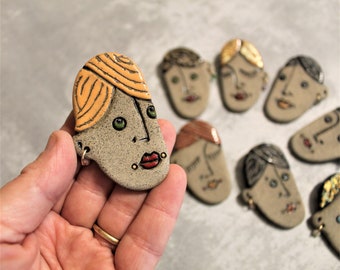 Tiny Face Brooch, Ceramic Brooch, Tiny Ceramic's, Stocking Stuffers, Gift For Her, Face Brooch, Hand Made Ceramic Art, Modern Jewelry Art