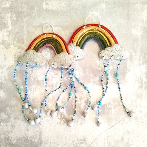 Móbile de cerâmica arco-íris, decoração de móbile de berçário, móbile de nuvem para pendurar na parede, decoração de bebê, móbile pendurado, móbile decorativo, decoração pendurada,