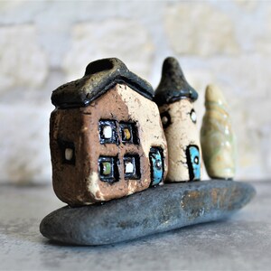 Ceramic gift of a miniature home decor, Ceramic house and tower on a natural stone, Birthday gift for dad, Teacher's gift, Office decor image 2