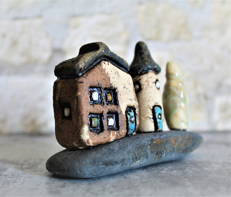 Ceramic gift of a miniature home decor, Ceramic house and tower on a natural stone, Birthday gift for dad, Teacher's gift, Office decor image 2