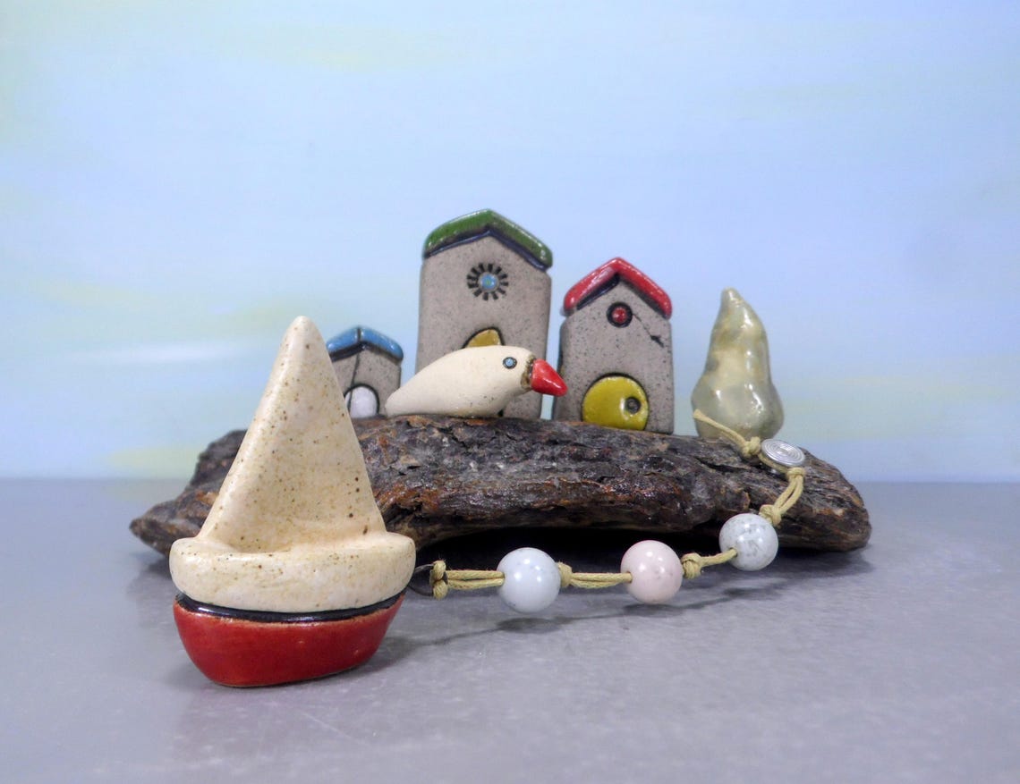 Sculpture Driftwood Art Ceramic Houses Rustic Home Decor Etsy