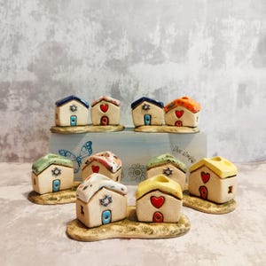 Shabbat candle holders, Jewish wedding gift shaped as two ceramic houses. Bat Mitzvah gift from Israel