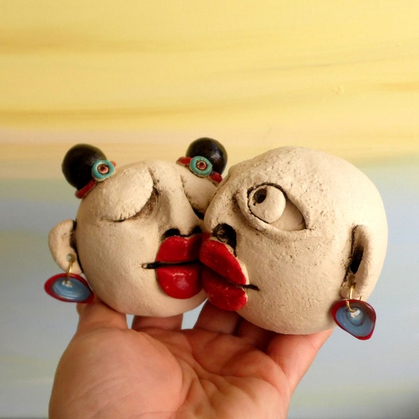 Ceramic sculpture of kissing couple heads , lovers sculpture , kiss sculpture , clay figures / red lips / anniversary gift , valentine gift