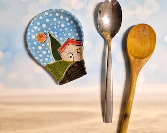 Pequeño soporte para cucharas de cerámica hecho a mano: soporte para utensilios de cocina, decoración