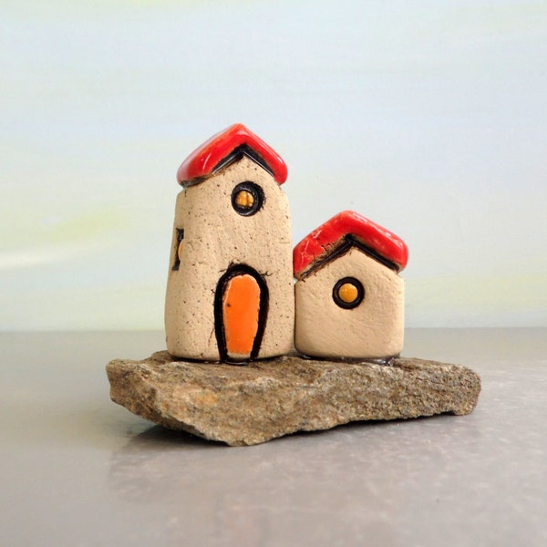 Little city on natural stone , Couple of white houses , Ceramic little Mediterranean houses , White and red beach cottages home decor