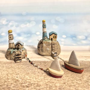 Miniature Ceramic House & A Lighthouse With A Sailboat, Housewarming, Christmas, Retirement Gift