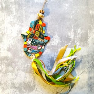 Large Hanging Wall Decor, Large HandMade Ceramic Hamsa With A Bird Or A Whimsical Hebrew Phrase, Israeli Hamsa Wall Decor, Good Luck Charm