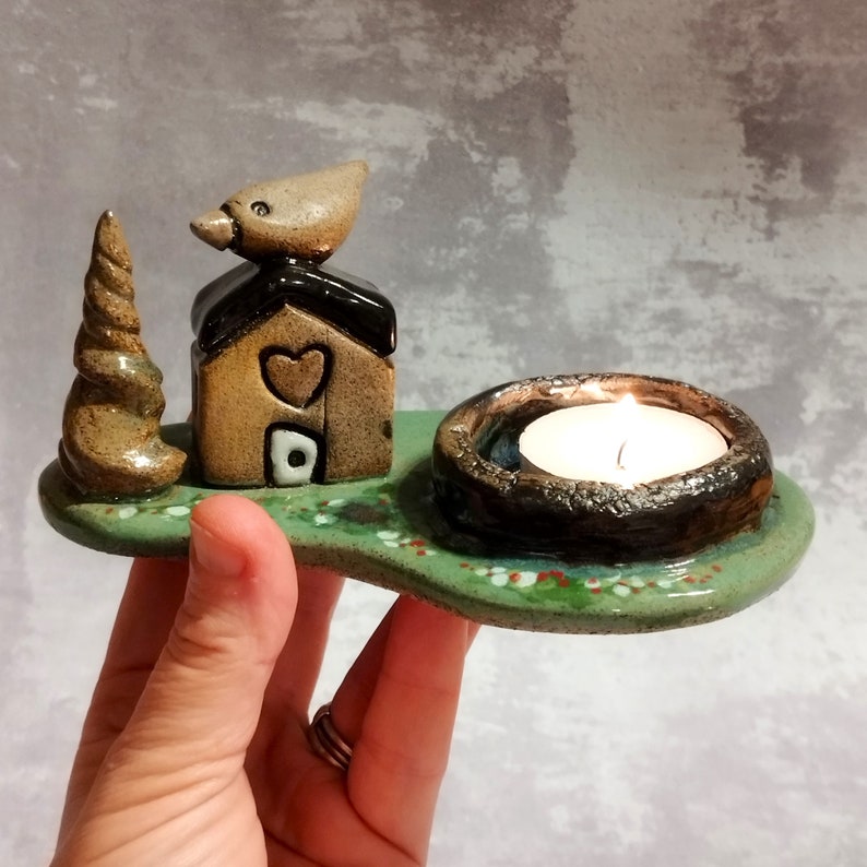 Small handmade dish for candle or jewelry keeping, Tea light holder, Small gift for her, Whimsical ceramic gift, Ring holder, Candle holder Bird on top
