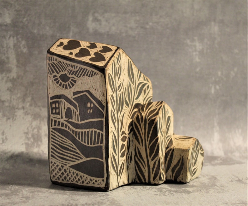 Black and white art sculpture of a three dimensions house Unique Jewish wedding gift Hebrew art Ceramic sculpture made in Israel