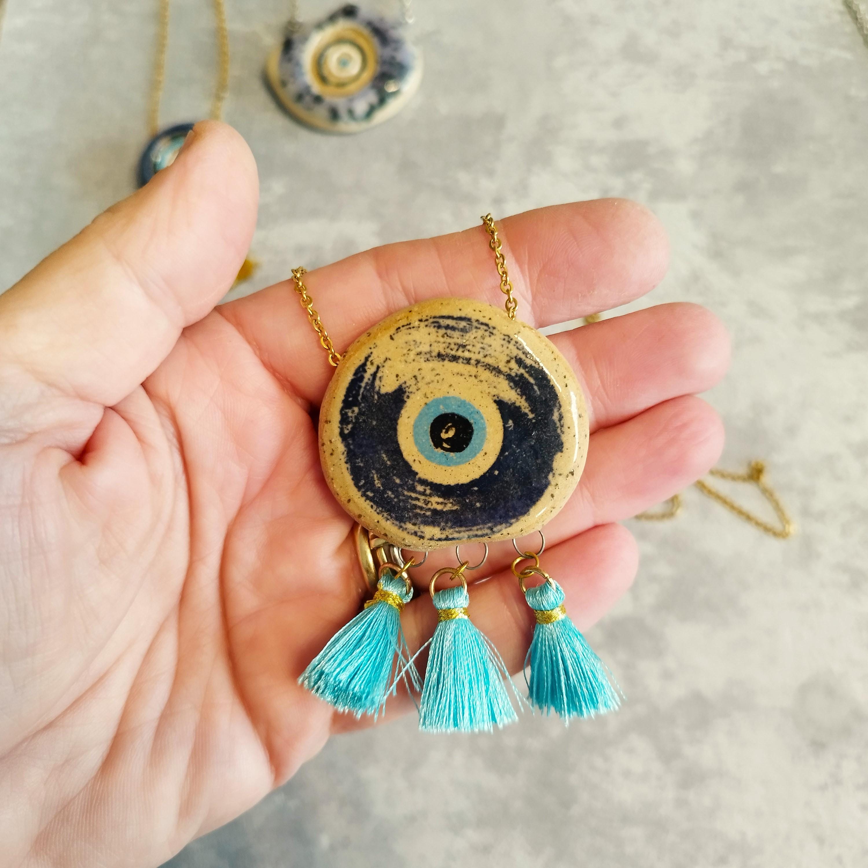 Ceramic Blue Eye Necklace, Luck Necklace, Ceramic Jewelry, Handmade Ceramic Pendant, Statement Jewelry, Fashion Accessories, For Her