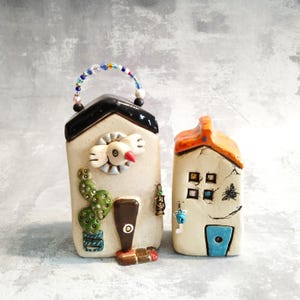 Set of Two Tiny Ceramic Houses, Home Miniature, Shelf Sitter Set, House ...