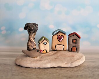 Small art sculpture of ceramic village, Ceramic houses home decor and an office accessory.