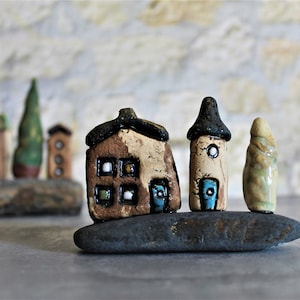 Ceramic gift of a miniature home decor, Ceramic house and tower on a natural stone, Birthday gift for dad, Teacher's gift, Office decor image 1