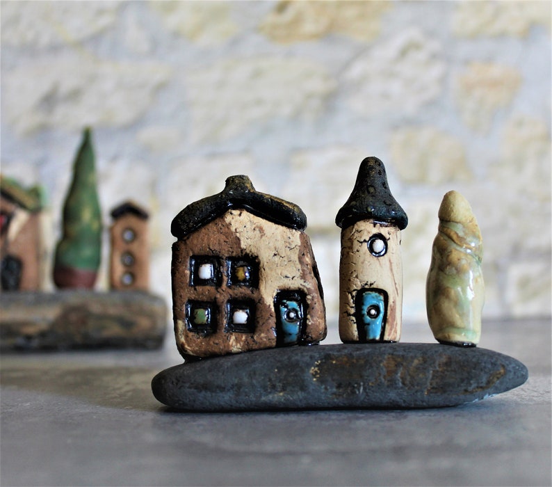 Ceramic gift of a miniature home decor, Ceramic house and tower on a natural stone, Birthday gift for dad, Teacher's gift, Office decor image 1