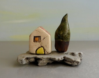 Small art , Rustic home decor , Hand made sculpture , Little Ceramic House , Clay House , Cute desk accessories , Miniature terrarium House