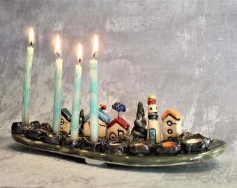 Hanukkiah, Menorah, Israeli Gift, OOAK Chanukiah, Hanukkah Gift, Jewish Holiday Gift, Ceramic Hanukkia, Jewish Wedding Gift, Hanukkah Lights