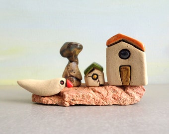 Ceramic sculpture, Ceramics and pottery, Miniature house, Beach house, Ceramic bird, Rustic home decor, Cute office decor, Housewarming gift