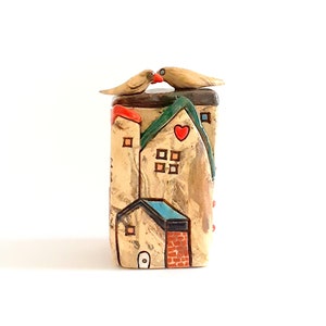 Fine art ceramics Naive art sculpture, Wedding gift, 50th Anniversary gift, Gift for mom, Ceramic house with love birds, Storytelling art image 5