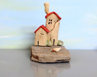 Mixed media sculpture , miniature ceramic houses on natural stone , beach houses ceramic sculpture , houses and dolls , housewarming gift