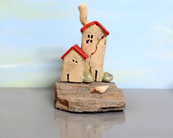 Miniature Ceramic Houses Sculpture, Natural Stone Base, Housewarming Gift