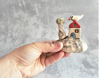 Little sculpture and a shelf sitter of a miniature rustic cottage , Whimsical gift, Ceramic house and bird, Bird art