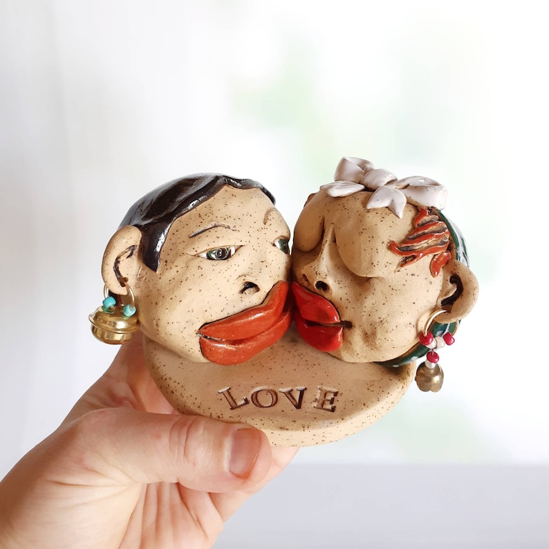Ceramic sculpture of two lovers kissing hand made with yellow Etsy