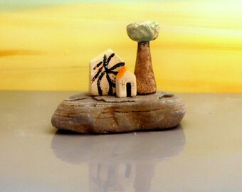 Miniature Ceramic Houses on Mediterranean Stone, Rustic Home Decor