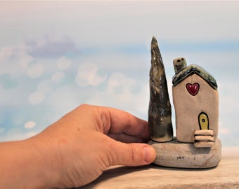 Handmade ceramic house and a tree on a natural beach stone, Home decor, Housewarming gift