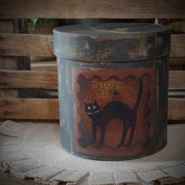 Rustic Farmhouse Aged Grungy Distressed Creepy Halloween Pantry Box~Spooky Black Cat Label~Primitive Halloween Table Decor~Black~Halloween