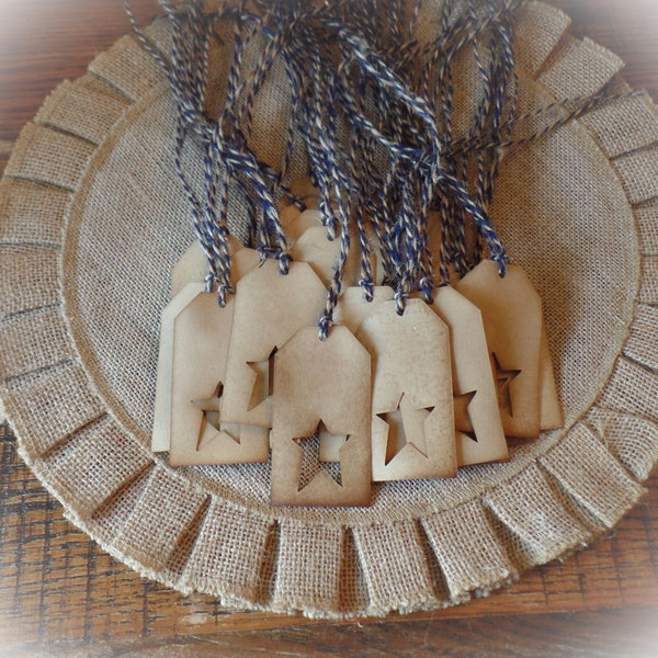 Americana Rustic Farmhouse Primitive Coffee Stained Hang Tags~Star Cut Out~~Cinnamon Scented~Navy & Natural Jute~Gift Packages~Junk Journal