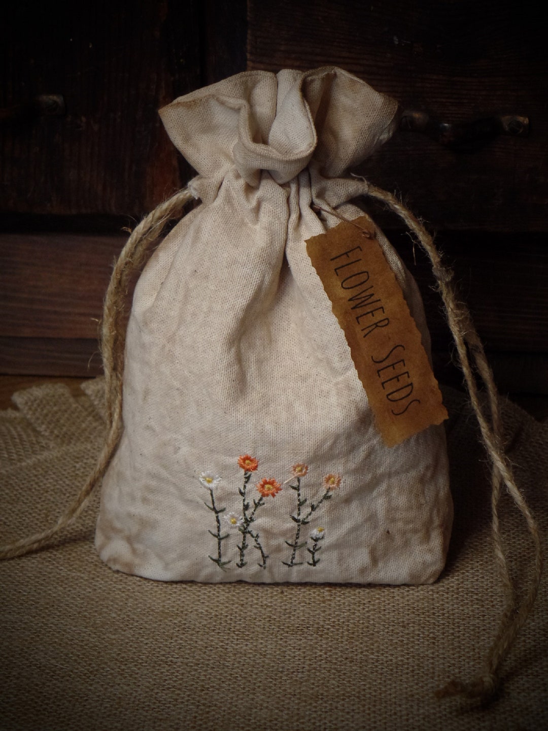 Primitive Rustic Farmhouse Spring Flower Seed Pouch~stitched Daisies ...