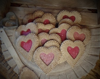 Primitive Rustic Farmhouse Faux Sparkle Heart Cookies~Valentine's Day Bowl Filler~Pink or Red Glitter~Lightly Scented~Valentine Ornies Decor