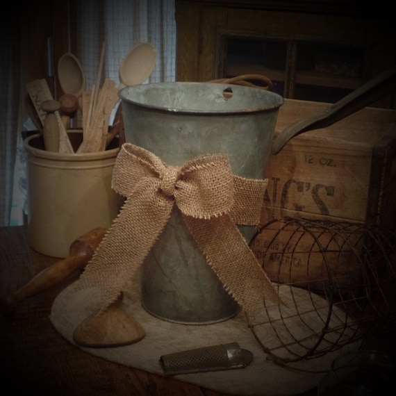 Vintage Galvanized Burlap Bow Sap Bucketfarmhouse Kitchen Bath Decorbucket Planterflower Plantershabby Chic Bucketorganizerrustic Etsy