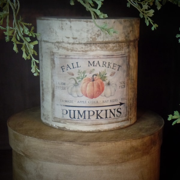 Primitive Autumn Pumpkin Distressed Aged Grungy Painted Paper Mache Stacking Pantry Box~Farmhouse Pumpkin~ Rustic Tattered Worn Label~