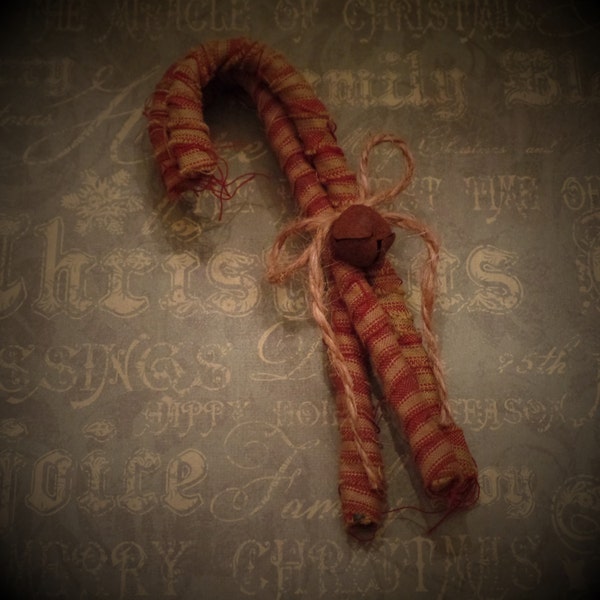 Homespun Fabric Candy Canes & Rusty Jingle Bell~Farmhouse~Country~Twine Bow~Stripes~Christmas~Winter~Package Accent~