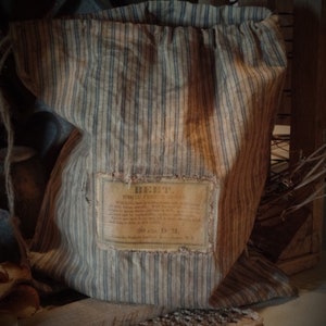 Primitive Shaker Seed Ditty Bag ~ Gealterte Blaue Tickende Streifen ~ Zerfetzte ~ Rustikale Bauernhaus Dekoration ~ Anhängshaken ~ Prärietuch ~ Wäschehalter