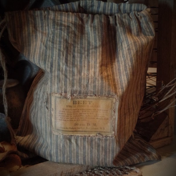 Primitive Shaker Seed Ditty Bag~Aged Blue Ticking Stripe~Tattered~Old Rustic Colonial Farmhouse Decor~Peg Hang~Prairie Cloth~Laundry Keeper