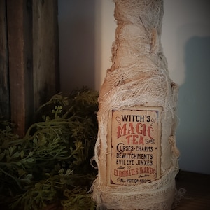Primitive Halloween Witches Tea Potion Bottle~Rustic Farmhouse GrungyTiered Tray Decor~Home Decor~Tattered Stained Cheesecloth~Aged Label