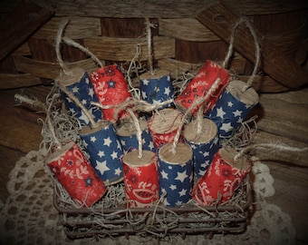 Primitive 4th of July Rustic Decor~&quot;Fat&quot; Firecracker Bowl Fillers~Farmhouse Americana Patriotic Red White Blue Faux Firecrackers~Wood~