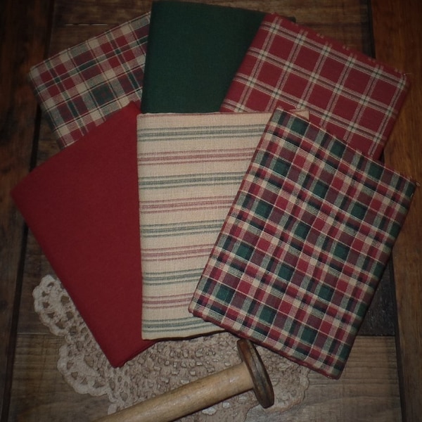 Primitive Homespun Fabric~Christmas Spruce Collection~Quarters~Samplers~Yards~Strips~Prim~Farmhouse~Rag Quilting~Wreaths~Bows~Bundles~Rustic